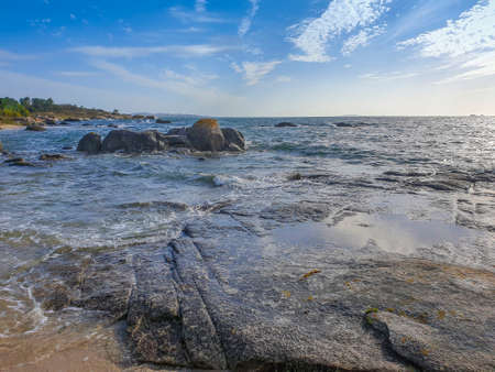 Rocks and waves on Quilmaw rocky coast in Arousa Island, Galicia, Spainの写真素材
