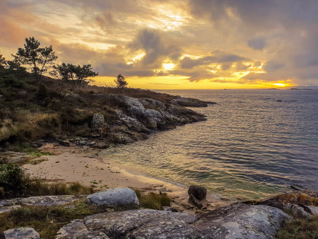 Saint Martinho cove in Arousa Island at golden and cloudy sunsetの写真素材