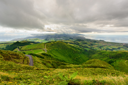 Panoramic landscape from Azores. The Azores archipelago has volcanic origin and the island of Sao Miguel has many lakes fand is the best travel destination of Portugal.の写真素材