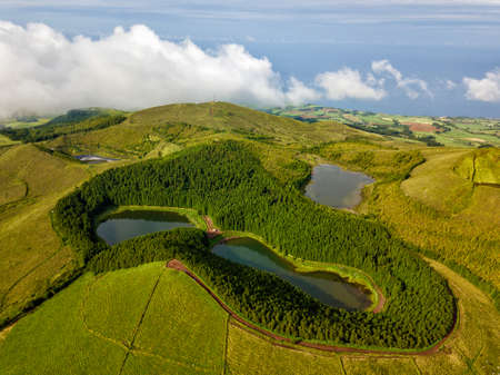 Azores, the safest European holiday destinations for post-pandemic travel. Drone aerial view of volcanic landscape. Sao Miguel island with amazing lagoons from aboveの写真素材