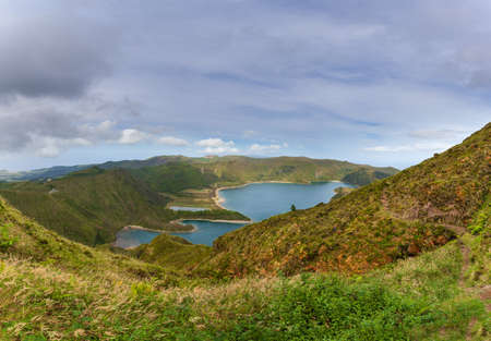 Azores, Portugal. Beautiful lagoon on the island of SÃ£o Miguel, travel destination. Breathtaking natural landscape in the background. Lagoon in the crater of a volcano.の写真素材