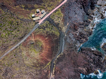 Drone pony of view. Aerial view of abstract photography. Landscape with beautiful textures in the background. Sao Miguel island Azores, Portugal. Colorful natural shapes.の写真素材