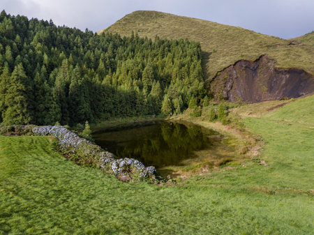 Nature landscape paradise. Azores, european holiday travel destinations. Drone aerial view of volcanic landscape. Sao Miguel island with amazing lagoons from aboveの写真素材