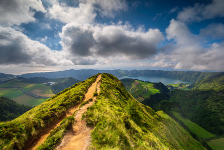 Panoramic landscape from Azores lagoons. The Azores archipelago has volcanic origin and the island of Sao Miguel has many lakes and is the best travel destination of Portugal.の写真素材