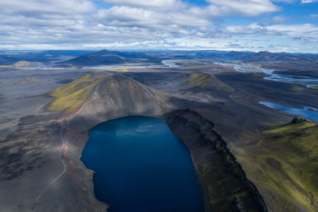 Aerial view of Hnausapollur Crater Lake in the Highlands, Iceland. Volcanic lake and landscape with stunning mountains around Landmannalaugar. Rainbow mountains in Iceland.の写真素材