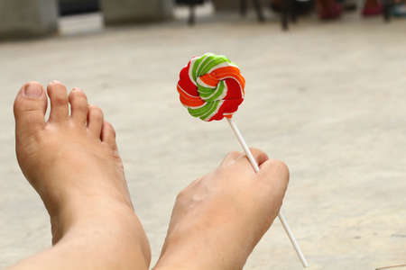 colorful of candy on my foot