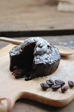 Dark chocolate lava cake in plateの写真素材