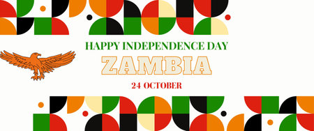Zambia national day banner for independence day anniversary. Flag of Zambia and modern geometric retro abstract design. Green and black concept.のイラスト素材