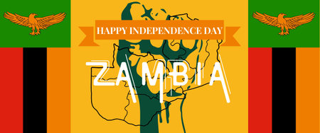 Zambia national day banner for independence day anniversary. Flag of Zambia and modern geometric retro abstract design. Green and black concept.のイラスト素材