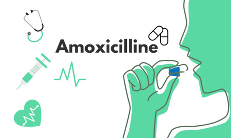 Amoxicillin generic drug name. It is an antibiotic used to treat middle ear infection, strep throat, pneumonia, skin infections, and urinary tract infectionsのイラスト素材