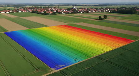 Aerial view of a colorful field.の写真素材