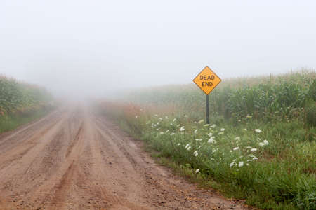 Dead End Road. Foggy morning on an old country dead end road.の写真素材