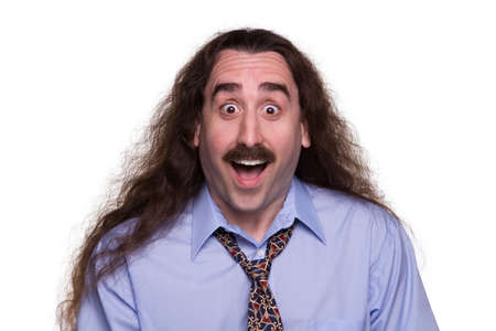 Long haired man with surprised & happy expression 1の写真素材