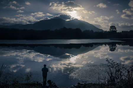 Sunrise Fishing Landscape Seascape from Borst Lake - North Bend, Washington.の写真素材