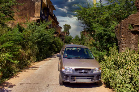 Rajasthan, India - October 06, 2012: Close up of a monkey langoor sitting on a ground at abandoned cursed ruined fort in an allegedly haunted place Bhangarh fortのeditorial素材