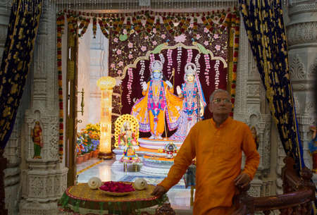 Mathura, India - April 11, 2014: Interior of Prem Mandir (Love Temple) a Hindu temple in Vrindavan....
