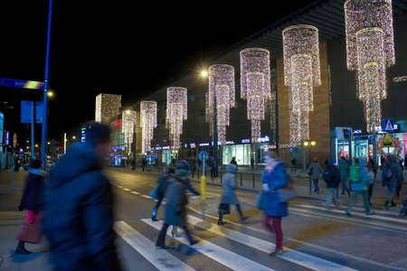 Krakow, Poland - November 02, 2014: Wide angle view of Main square at night during christmas...