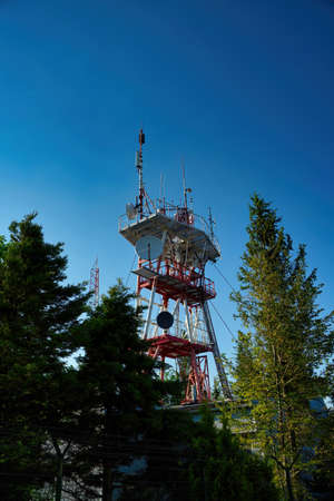 Bielsko Biala, South Poland: Low angel shot of high architecture of a metallic view point to see scenic view of forest and hills covering the areaの写真素材