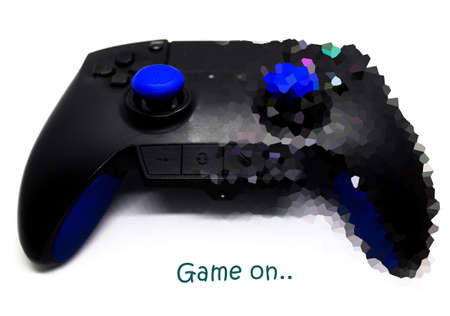 Close up of half partially pixelated video game joystick / game pad remote against white background...