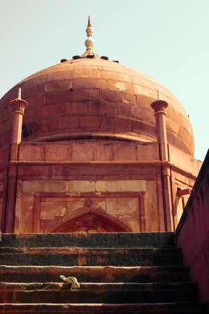 Agra, India - May 12, 2012: Islamic style red stone dome style architecture monument with squirrel...