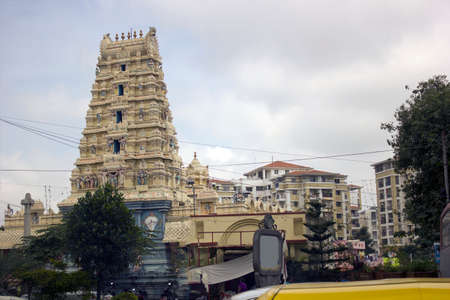 Bangalore, India - September 10, 2016: South Indian hindu temple with colorful gods sculpture carved on it's exteriorのeditorial素材