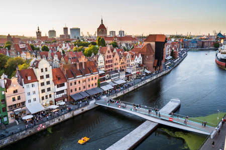 Gdansk, North Poland - August 13, 2020: Panoramic aerial shot of Motlawa river embankment in Old...