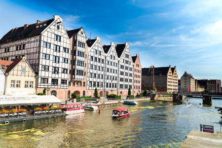 Gdansk, North Poland - August 13, 2020: Sunset Panoramic view of Summer around motlawa river...
