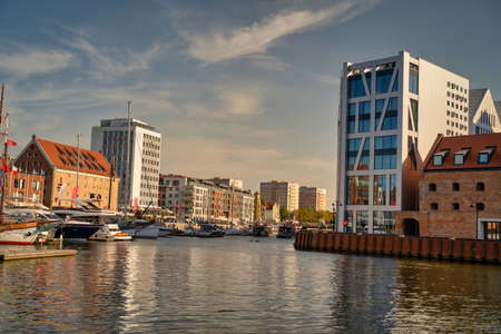 Gdansk, North Poland - August 13, 2020: Wide angle view of Summer around motlawa river adjacent to...