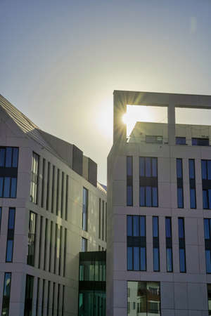 Gdansk, North Poland - August 13, 2020: Building exterior of one of the main commercial building next motlawa river against sun raysのeditorial素材
