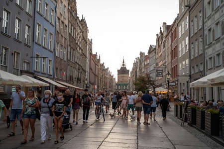 Gdansk, North Poland - August 13, 2020: Tourist visiting and taking a walk at main city center near neptune's fountain during Corona timeのeditorial素材