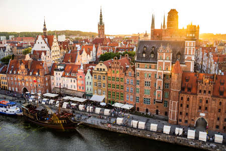 Gdansk, North Poland - August 13, 2020: Wide angle panoramic aerial shot of Motlawa river embankment in Old Town during sunset in summerのeditorial素材