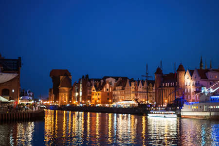 Gdansk, North Poland - August 15, 2020: Wide angle Night photography of polish cityscape over...