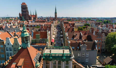 Gdansk, North Poland - August 13, 2020: Drone shot aerial view of polish medieval architecture with...
