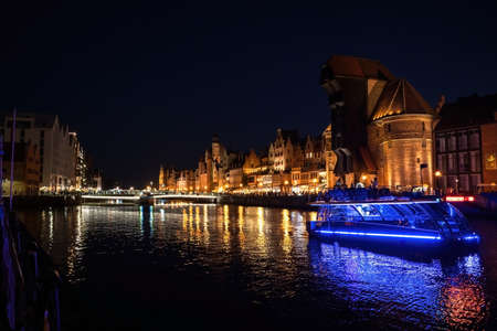 Gdansk, North Poland - August 15, 2020: Wide angle panoramic Night photography of polish cityscape...