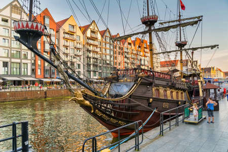 Gdansk, North Poland - August 13, 2020: A pirate ship docked at station and passenger waiting to board it in Motlawa river during covid timeのeditorial素材