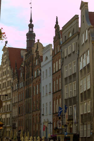 Gdansk, North Poland - August 15, 2020: Closeup of colorful polish medieval architecture building...