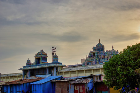 Chennai, South India - October 27, 2018: Ashtalakshmi Temple exterior against sunset. Hindu temple is located near seashore.のeditorial素材