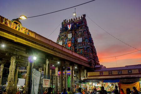 Chennai, South India - October 27, 2018: A hindu temple Dedicated to Lord Venkat Krishna, the Parthasarathy temple located at Triplicane during night with devotee worship in the buildingのeditorial素材