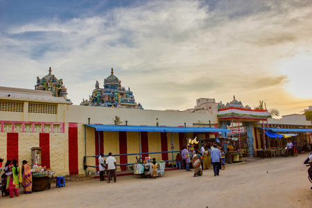 Chennai, South India - October 27, 2018: Interior of Ashtalakshmi Temple against dramatic sunset. Indian devotee worship or doing prayer inside a hindu templeのeditorial素材