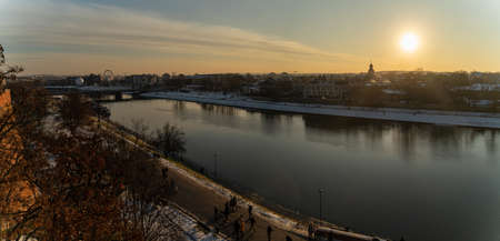 Krakow, Poland - January 31, 2021: Panorama aerial shot of Cracow cityscape next to Vistula river...