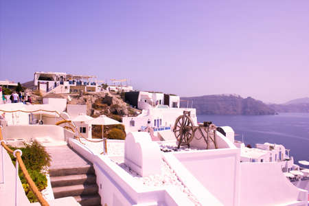 Santorini, Greece - September 11, 2017: Traditional Spinning Wheel kept on a roof as decoration in Oia, Thira, Cyclades Islands, Greek Islands, EU, Europeのeditorial素材