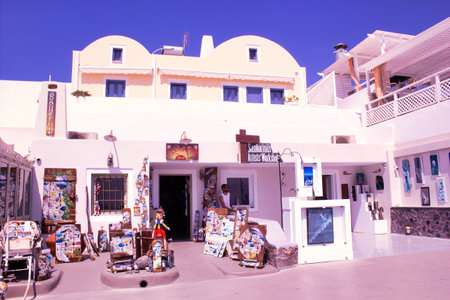 Santorini, Greece - September 11, 2017: A building of Artist workshop selling souvenir and decorative items for touristsのeditorial素材