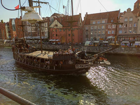 GDANSK, POLAND - August 10, 2020: Pirate ship with passengers tourists at the Motlawa river in...