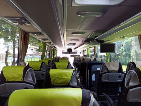 Krakow, Poland - March 31, 2020: Interior of a moving empty bus during covid pandemic, Europeのeditorial素材