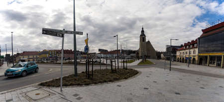 Limanowa, Poland - April 01, 2021: Panorama City center main square with a famous church and building cityscape a unit of local government (powiat) in Lesser Poland Voivodeship, southern Polish townのeditorial素材