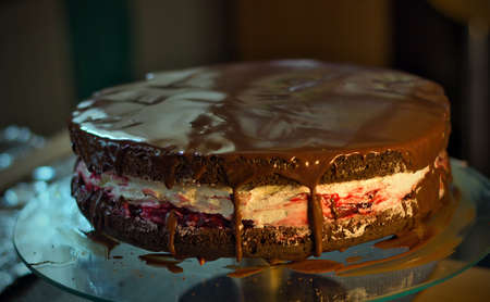 Close up of full Wuzetka Dessert chocolate sponge cake with white cream pie originated in Poland,...