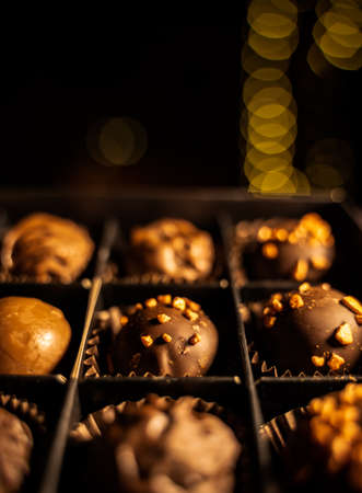 Delicious chocolate candies or pralines or truffles ball, mixed assortment with nuts, dry berries, dark and milk chocolate, confectionery factoryの写真素材