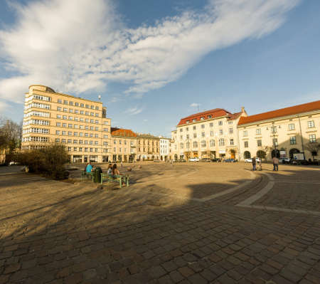 Krakow, Poland - April 10, 2021: Wide angle shot polish architecture near old town in plac Szczepanski street during daytime.のeditorial素材