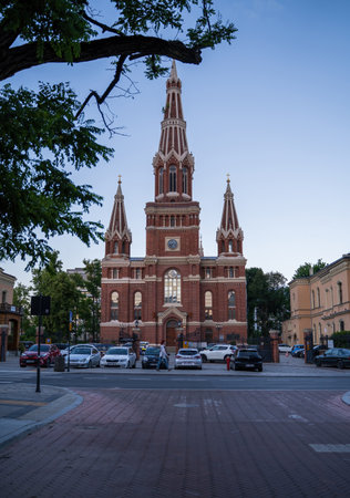 Lodz, Poland - July 08, 2022: historic red brick church in the old city center of Lodzのeditorial素材