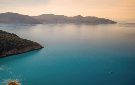 Top view of the famous Myrtos beach on Kefalonia island, Ionian sea, Greece. Myrtos beach with...